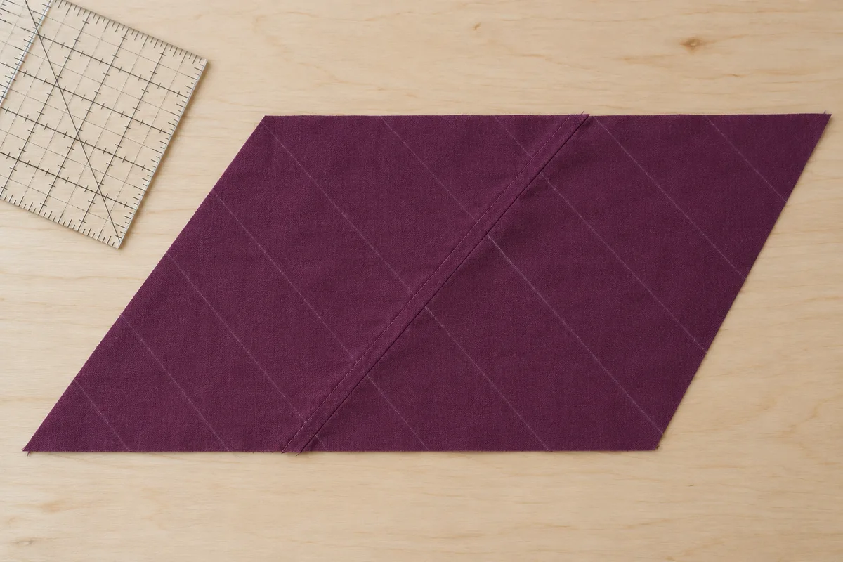 Plum cotton parallelogram on a cutting table with a joining seam and chalk marks