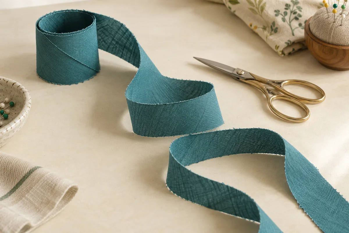 Teal raw bias strip emerging from a loose fabric tube in a continuous spiral