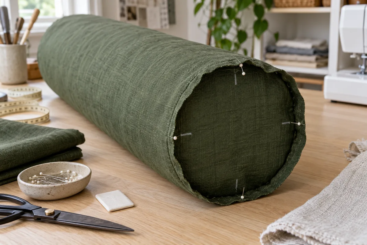 Green cylindrical bolster cover with a round end pinned at quarter marks