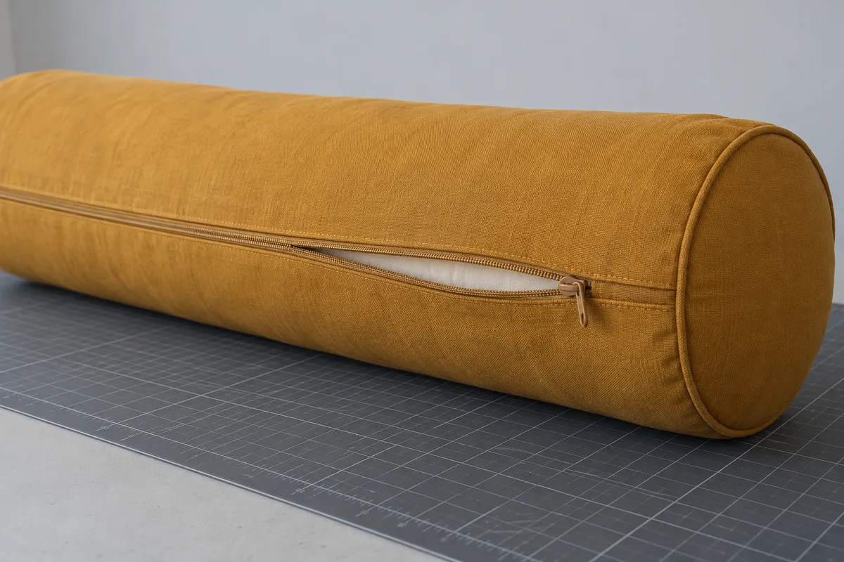 Ochre cylindrical bolster showing a straight zipper along its long seam