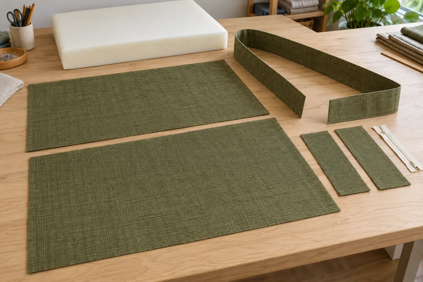 Olive fabric plates and separate boxing and zipper strips beside a rectangular foam insert