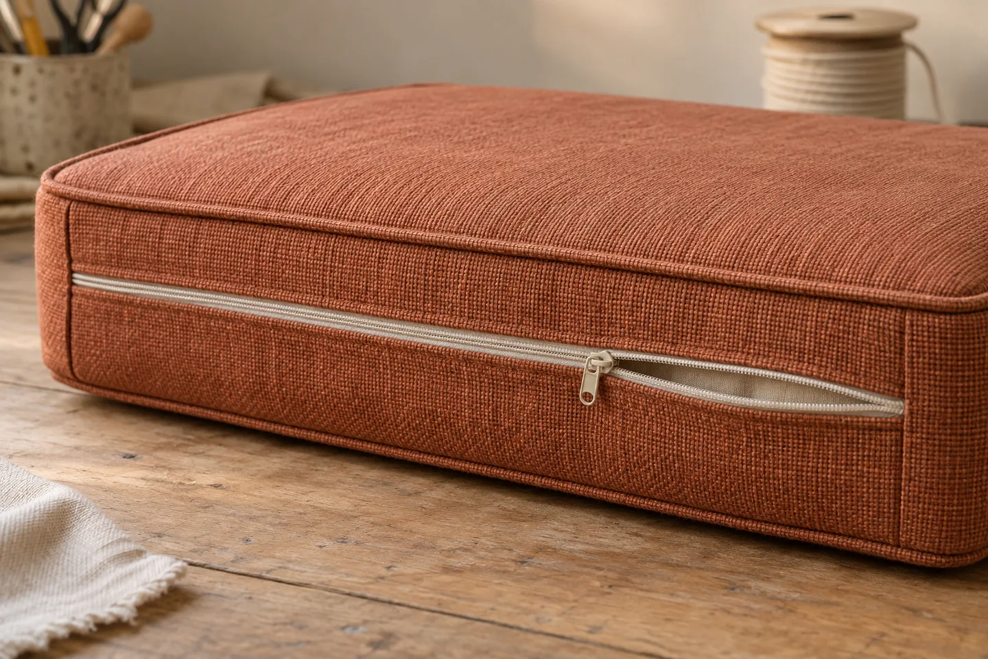 Terracotta box cushion showing a rear zipper in the side boxing and piping around the top