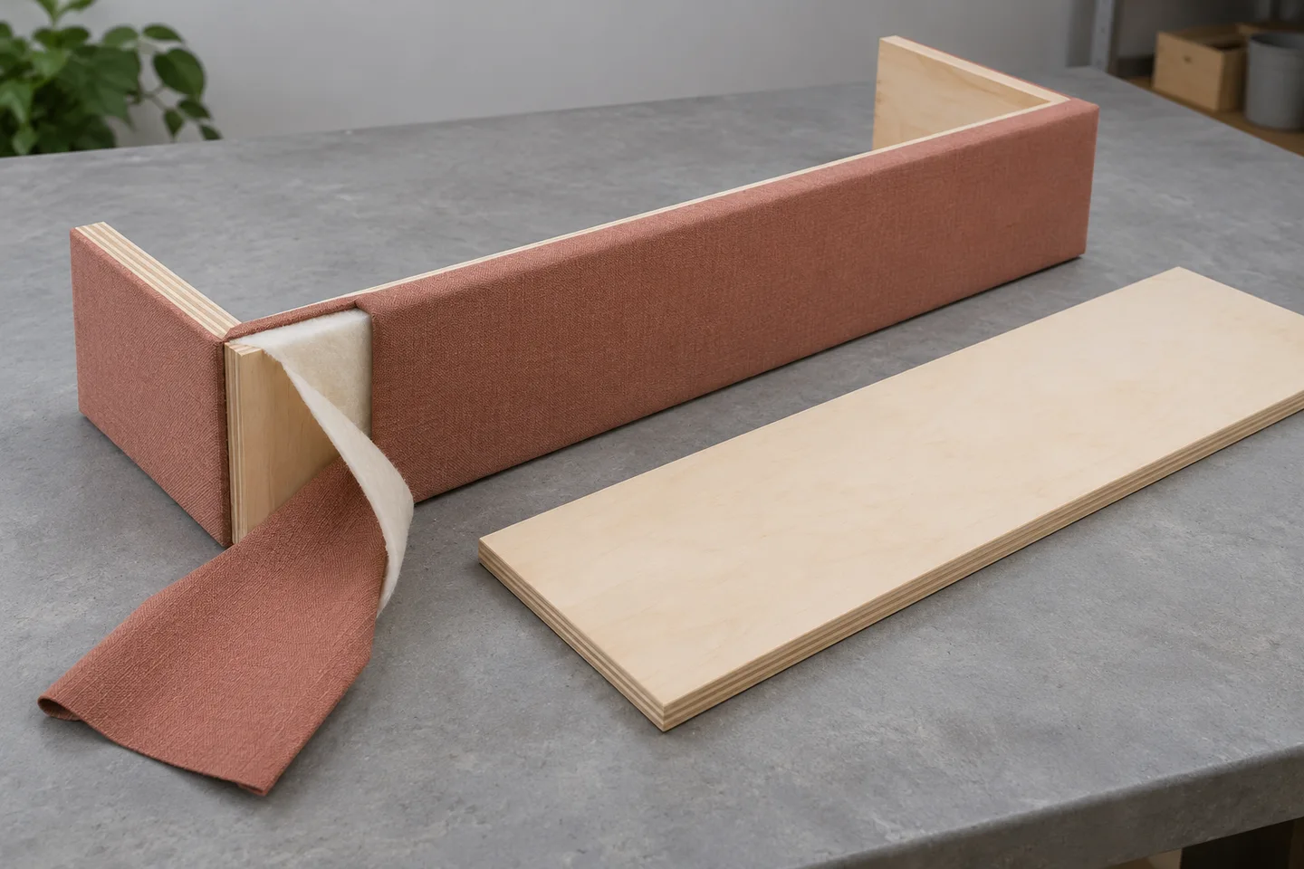 Rectangular cornice frame partially wrapped in terracotta fabric beside a separate top board