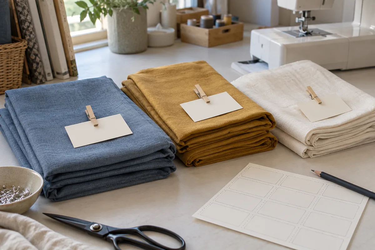 Folded blue, ochre and ivory fabric bundles with clipped blank paper tickets beside a label sheet