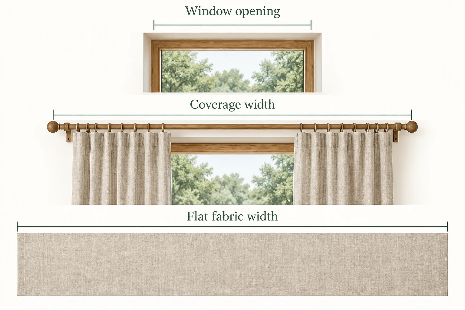 Illustration comparing a window opening, wider drapery coverage along a rod, and fabric spread flat