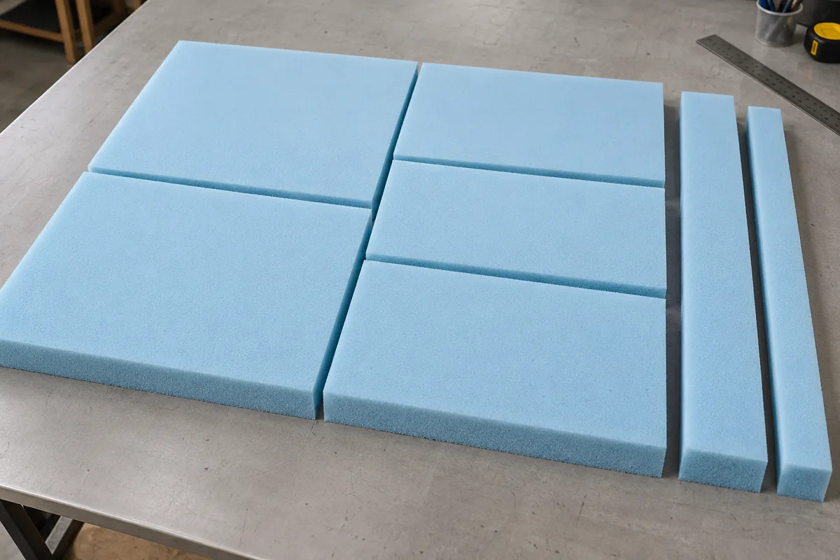 Blue upholstery foam sheet separated into rectangular cushion pieces and offcuts
