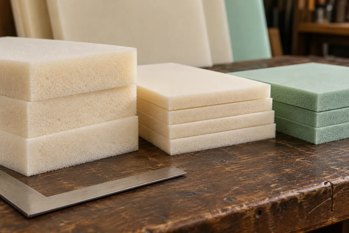 Separate stacks of upholstery foam showing different thicknesses and material colors