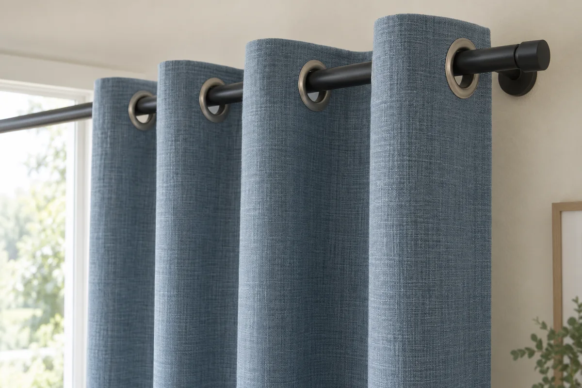 Dusty blue linen grommet curtain hanging in broad folds on a dark curtain rod