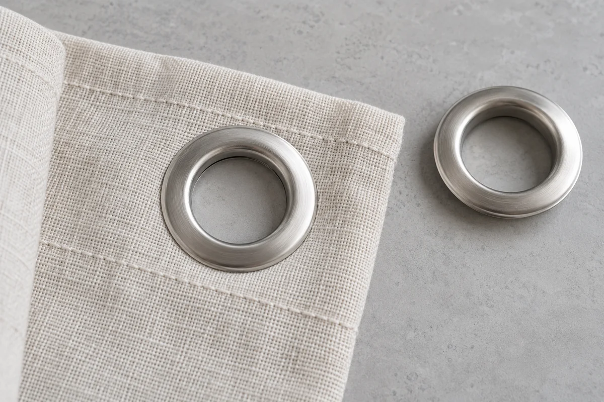 Brushed silver curtain eyelet installed in flat ivory linen beside a loose matching ring component