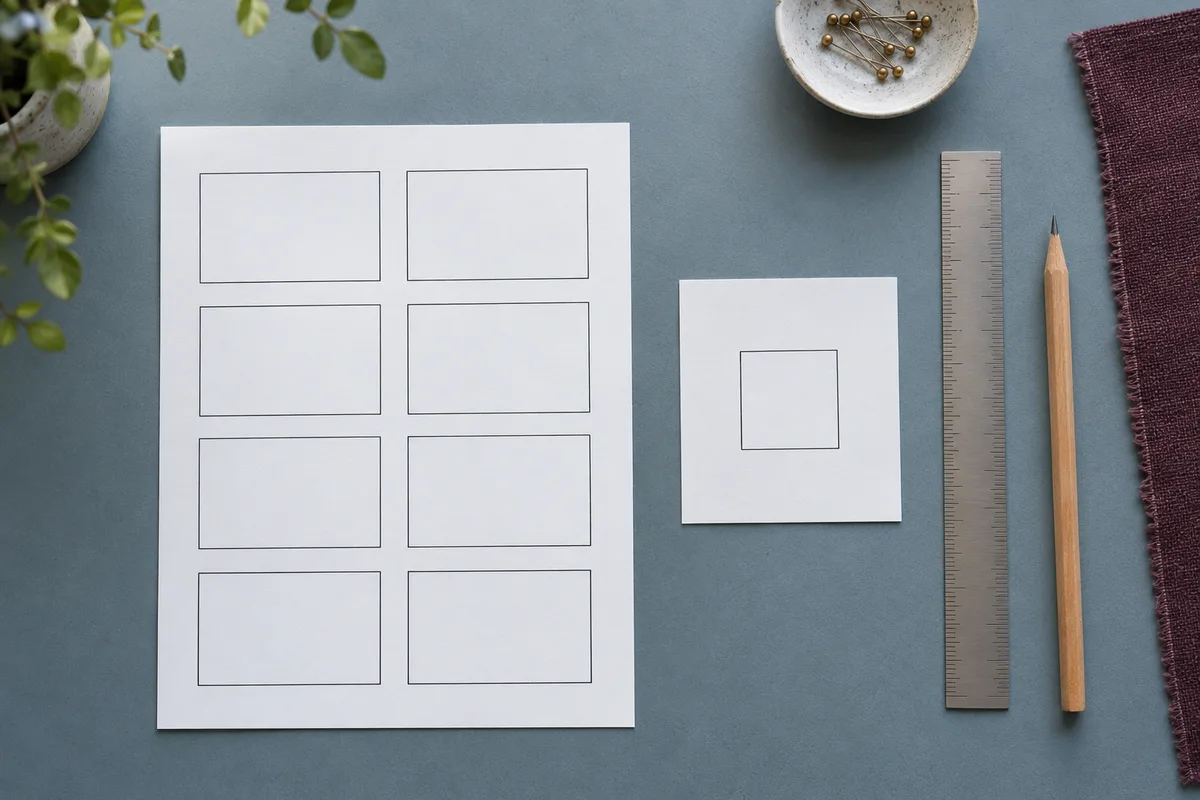 Blank label-grid proof and a separate calibration square beside a steel ruler on a blue-gray desk