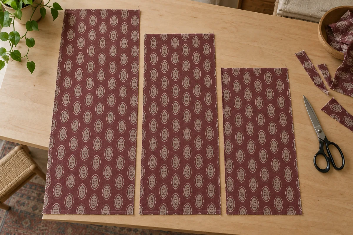 Three unequal burgundy patterned fabric lengths with staggered top edges and matching offcuts on a cutting table