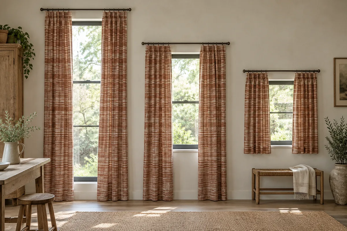 Three windows of different heights dressed with the same muted terracotta patterned fabric