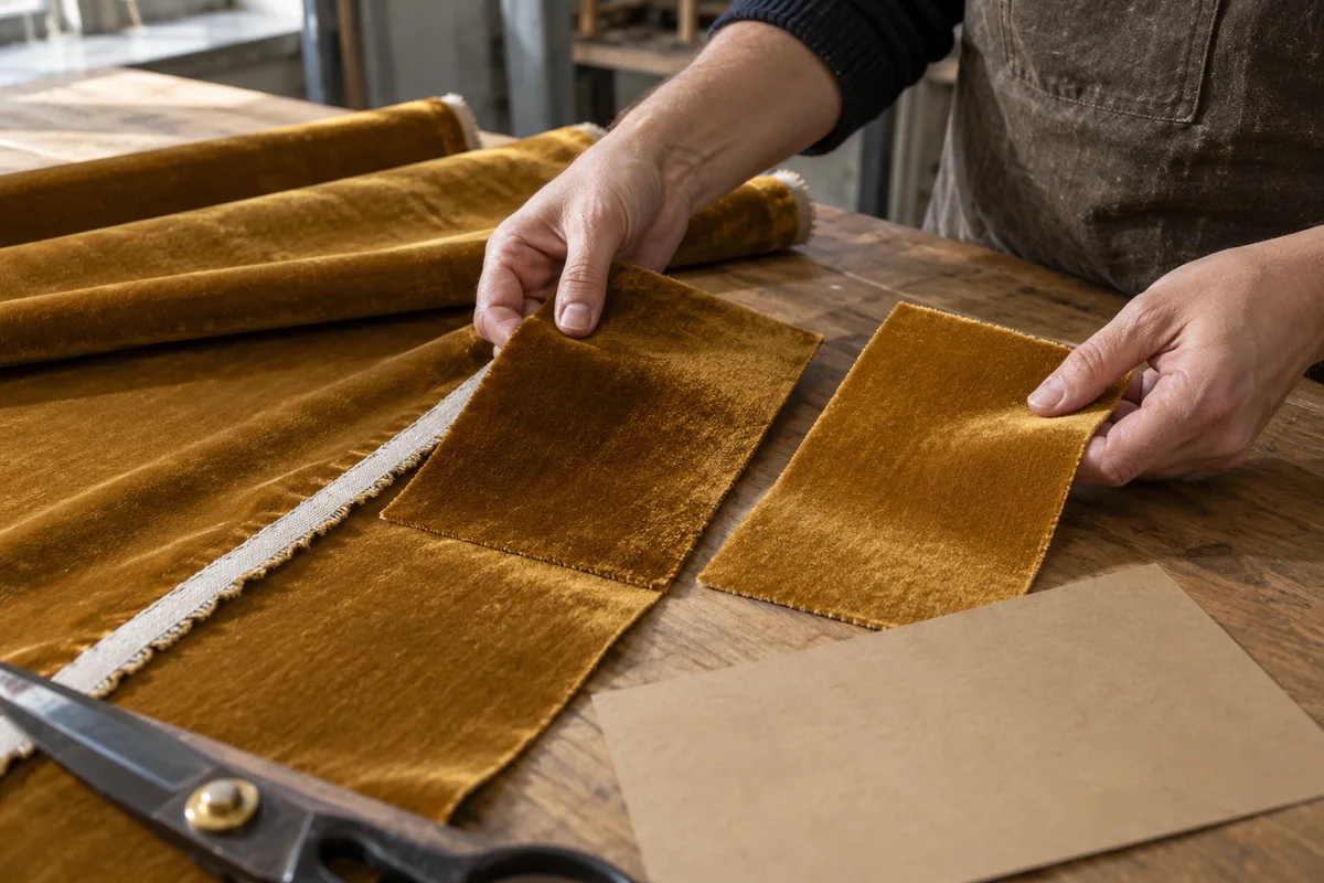 Hands comparing the nap and appearance of ochre velvet pieces beside matching fabric