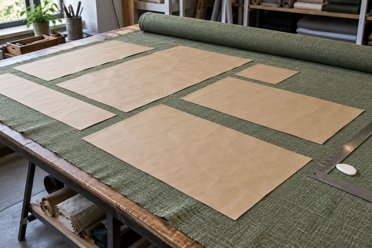 Rectangular paper cutting patterns arranged over a moss green fabric remnant on a worktable