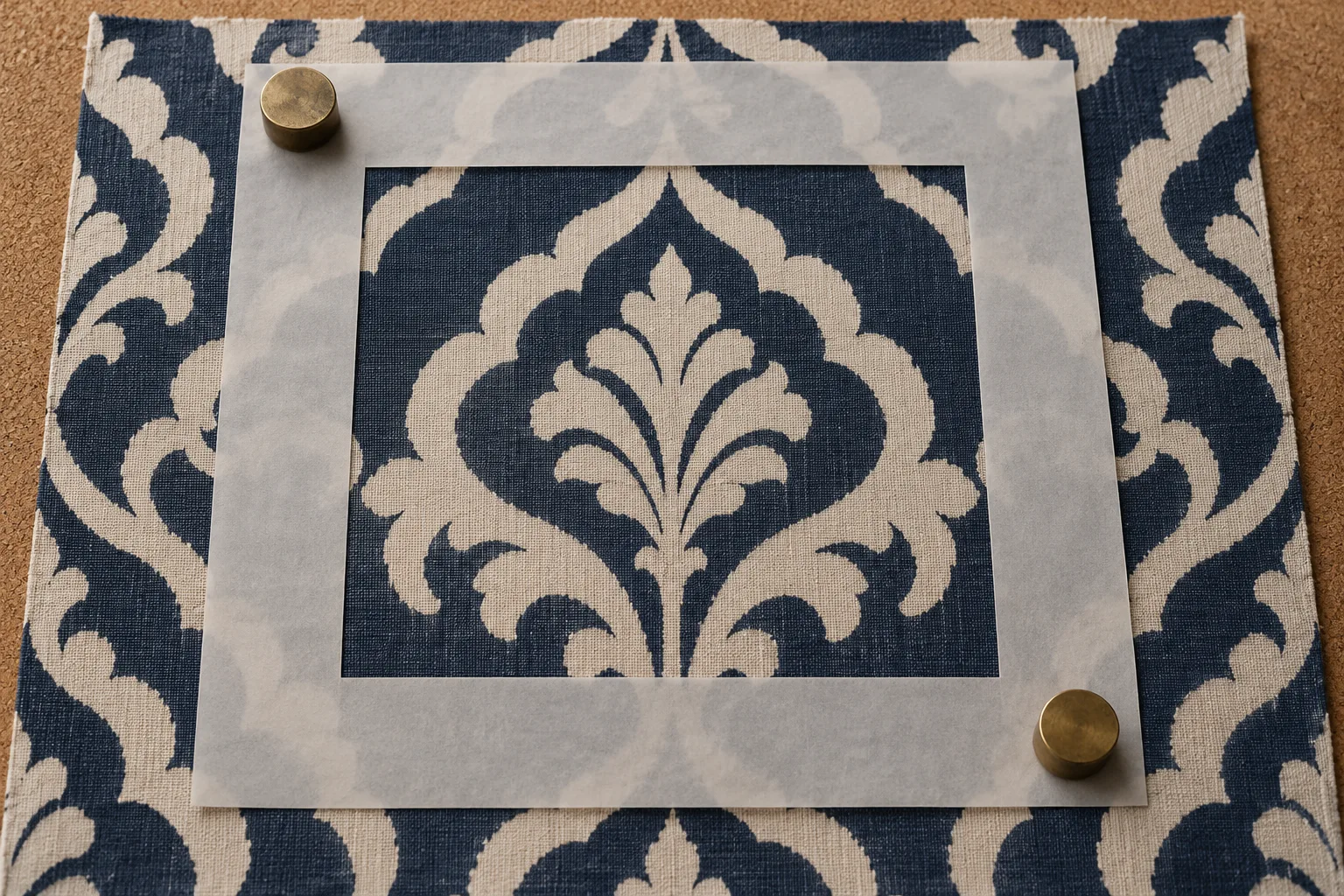 A paper viewing frame centered over an ivory medallion on navy woven fabric
