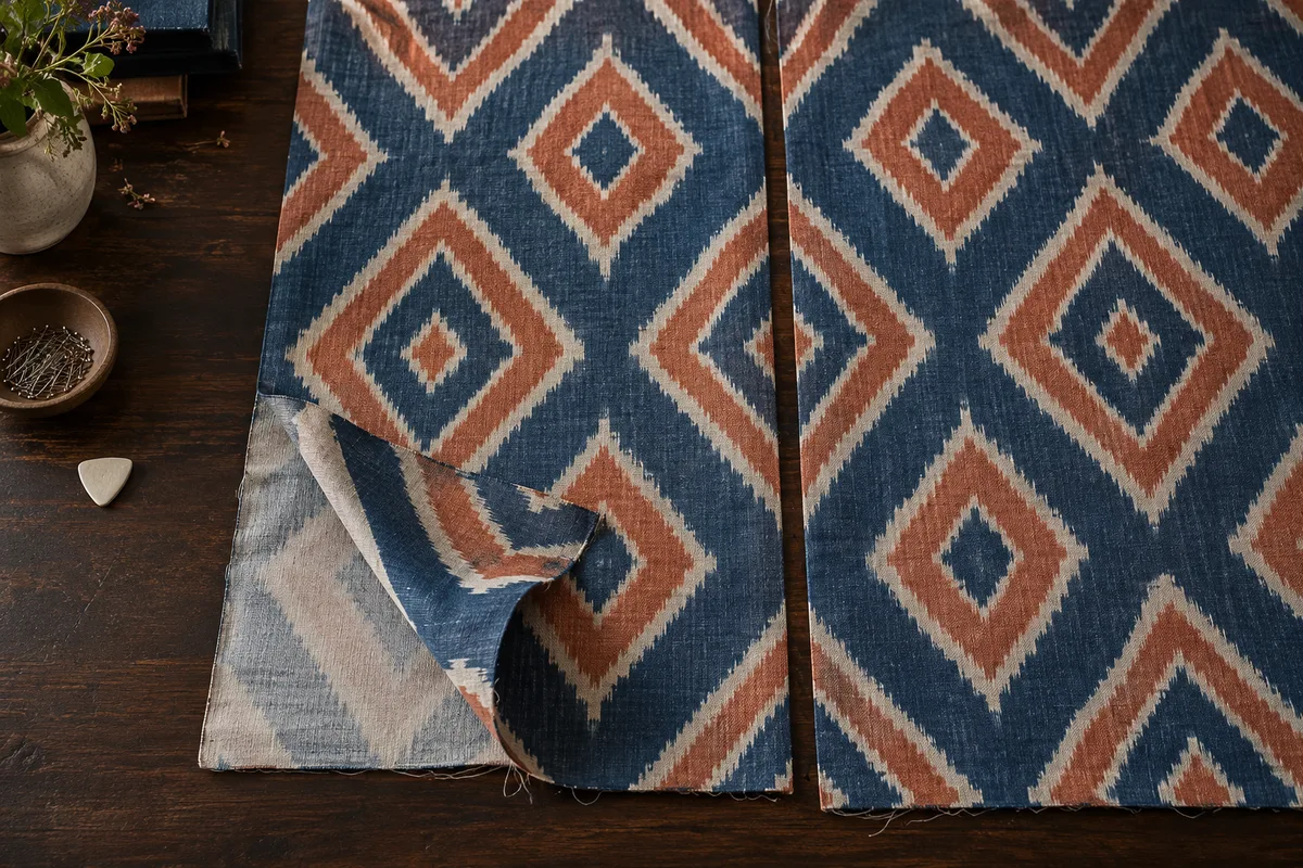 Indigo and rust geometric curtain fabric lengths arranged side by side on a worktable