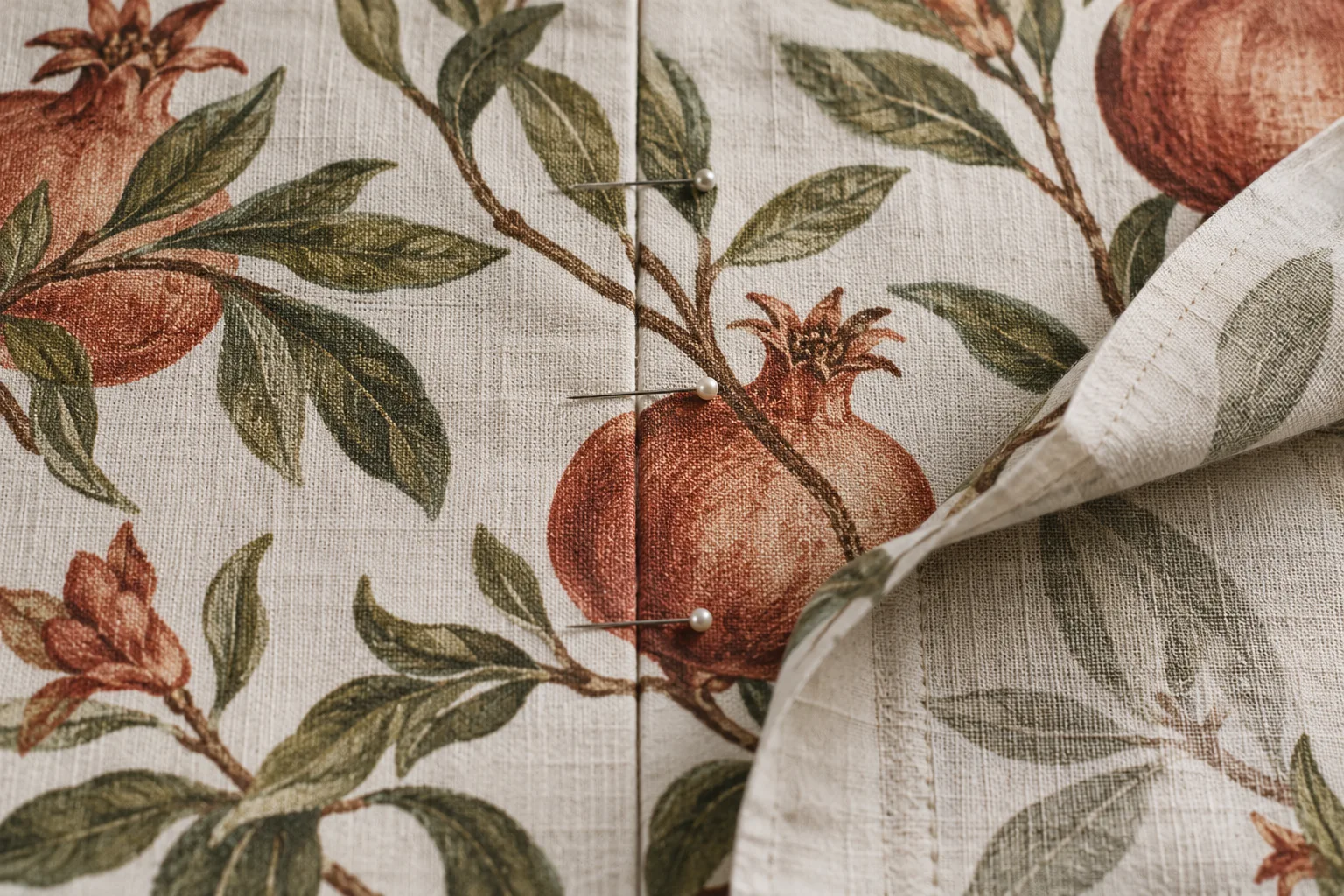 Terracotta botanical motifs meeting across a pinned vertical seam with one allowance folded back