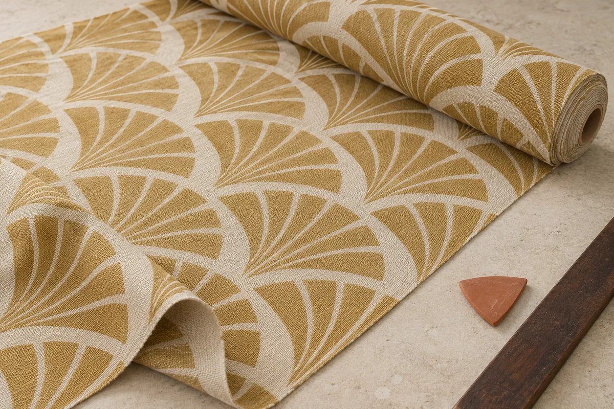 Partly unrolled ochre fan-pattern fabric with its leading edge turned back beside tailor’s chalk