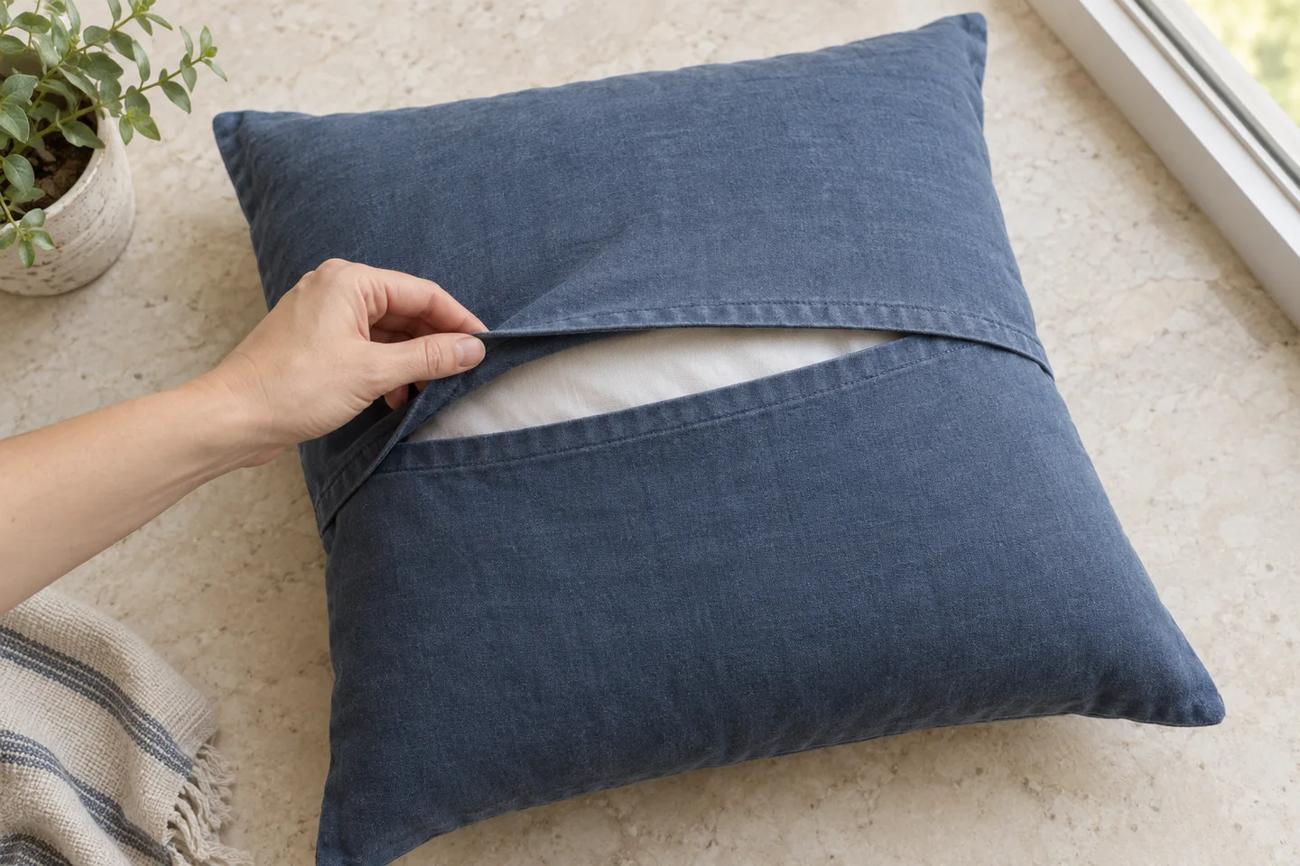 Indigo pillow back with a lifted hem revealing the overlapping envelope opening and white insert