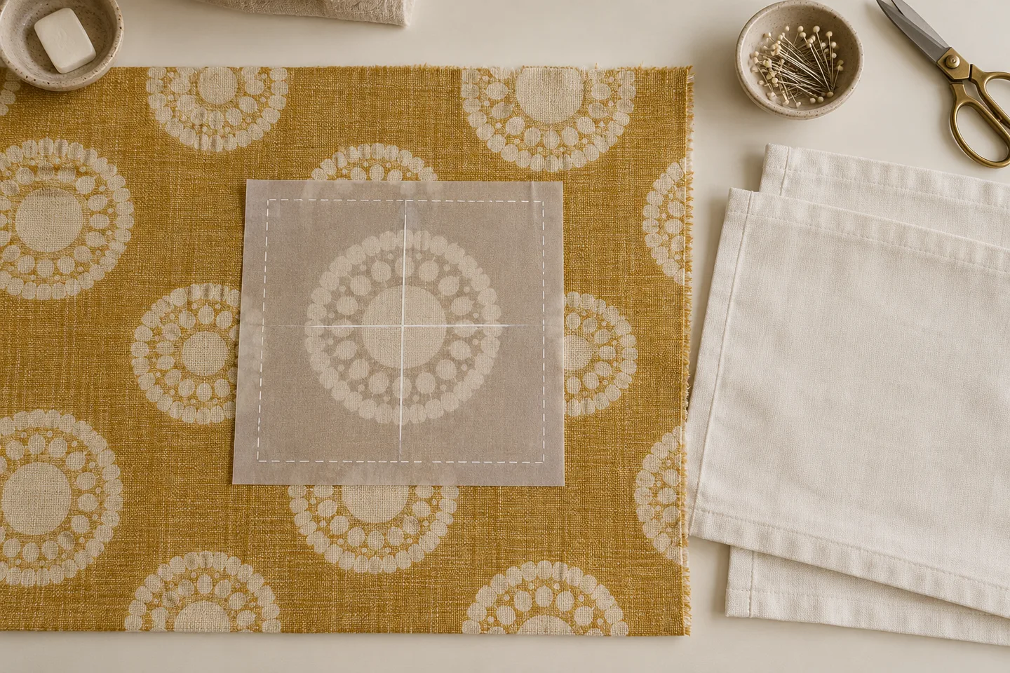 Translucent square template centered over an ochre medallion with two hemmed pillow backing pieces nearby