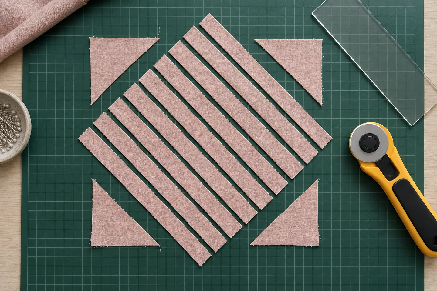 Independent dusty rose bias strips arranged on a green cutting mat with triangular corner offcuts set aside