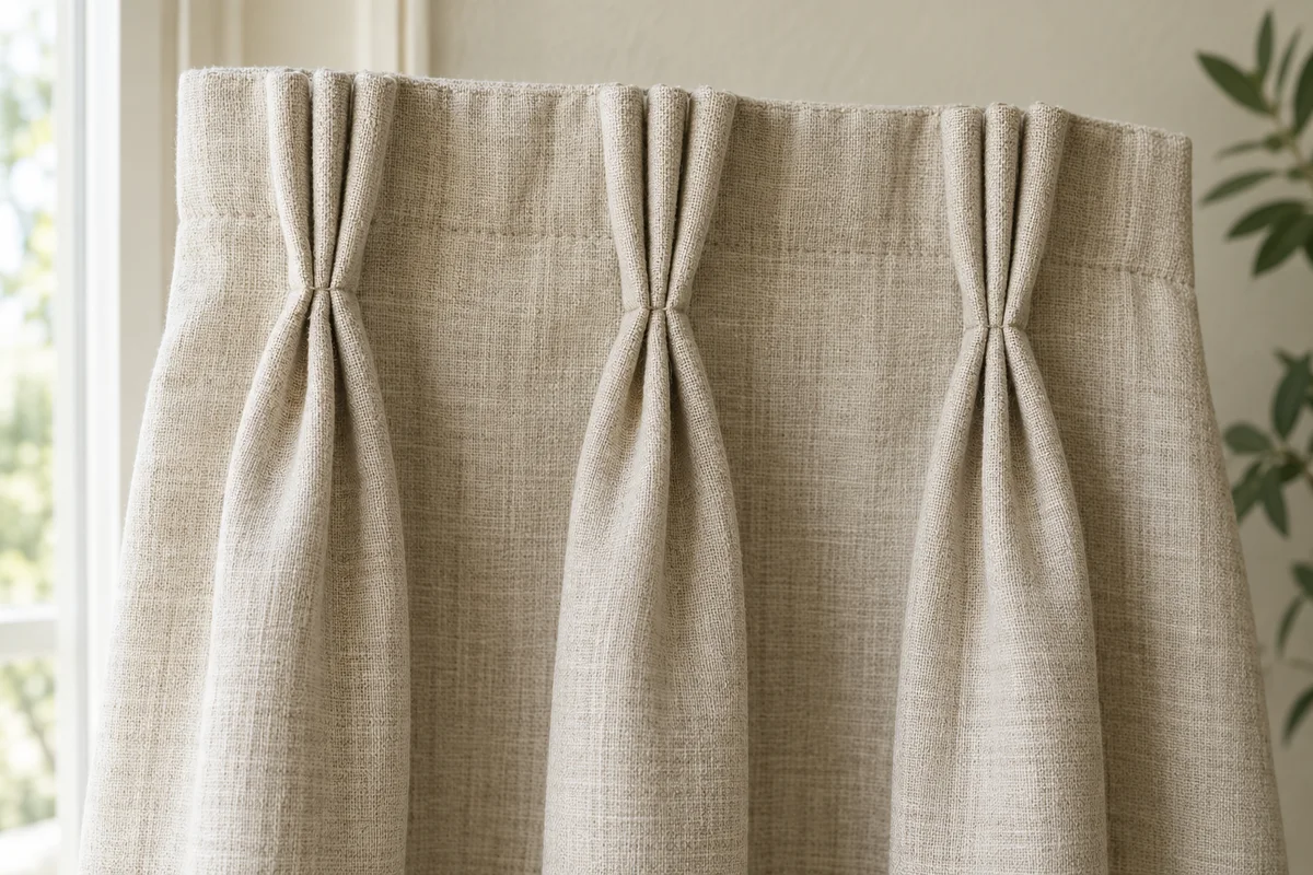 Oatmeal linen heading with three sewn groups of pinch pleats and flat spaces between them
