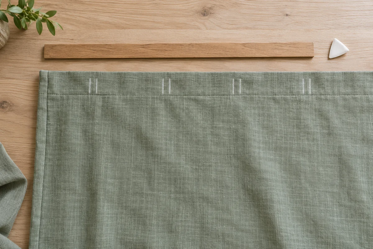 Flat sage curtain heading on a pale wood worktable with paired tailor-chalk marks