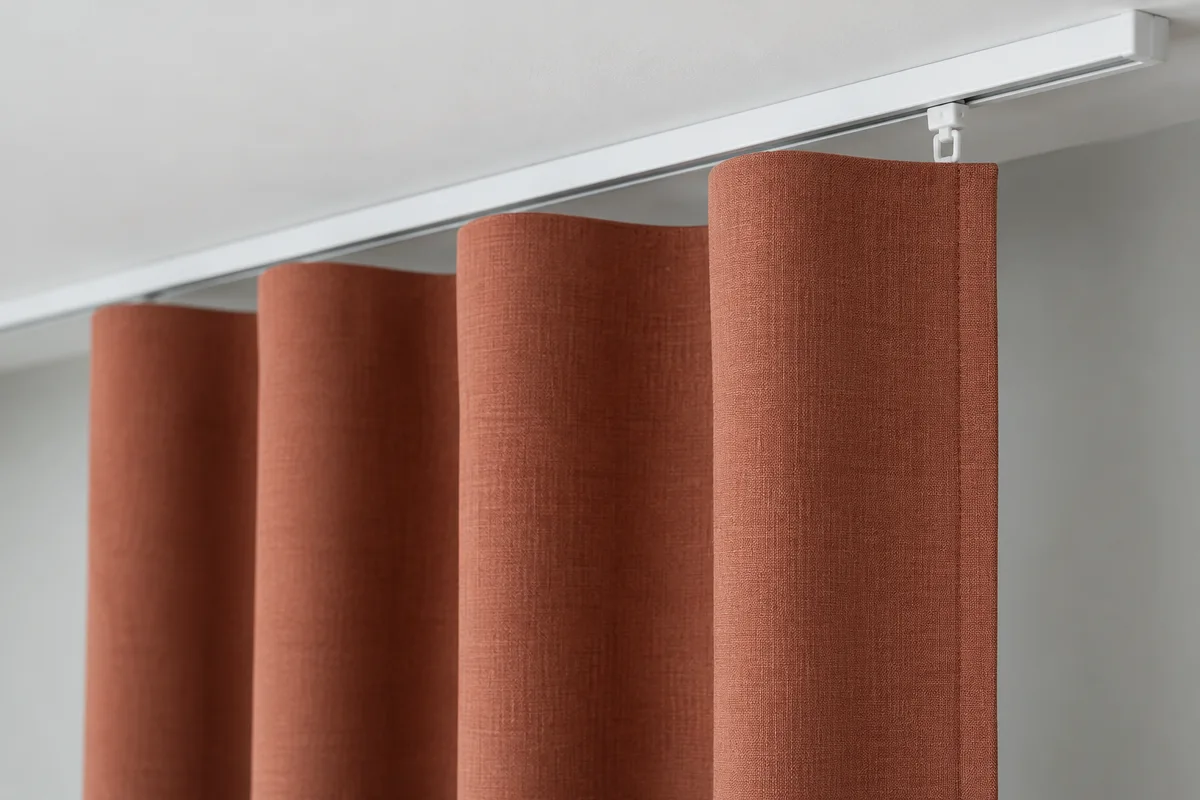 Terracotta wave curtain header hanging below a straight track at its leading edge
