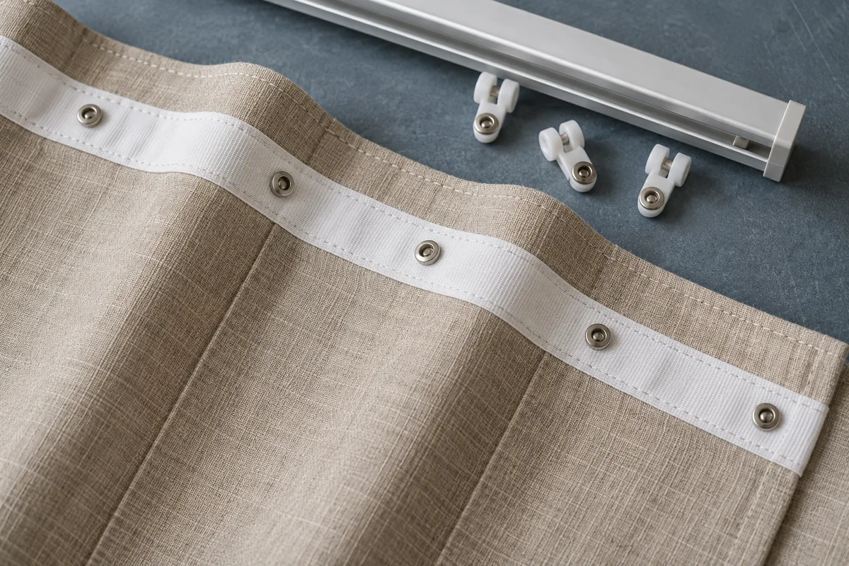Linen curtain header with white snap tape beside a short track and separate carriers