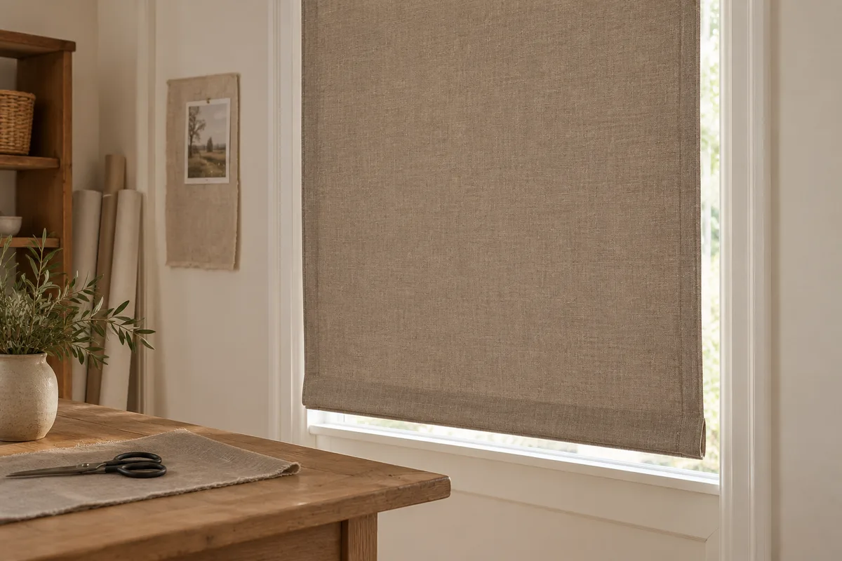 Fully lowered taupe linen flat Roman shade with a smooth face and neat bottom hem in a sewing studio