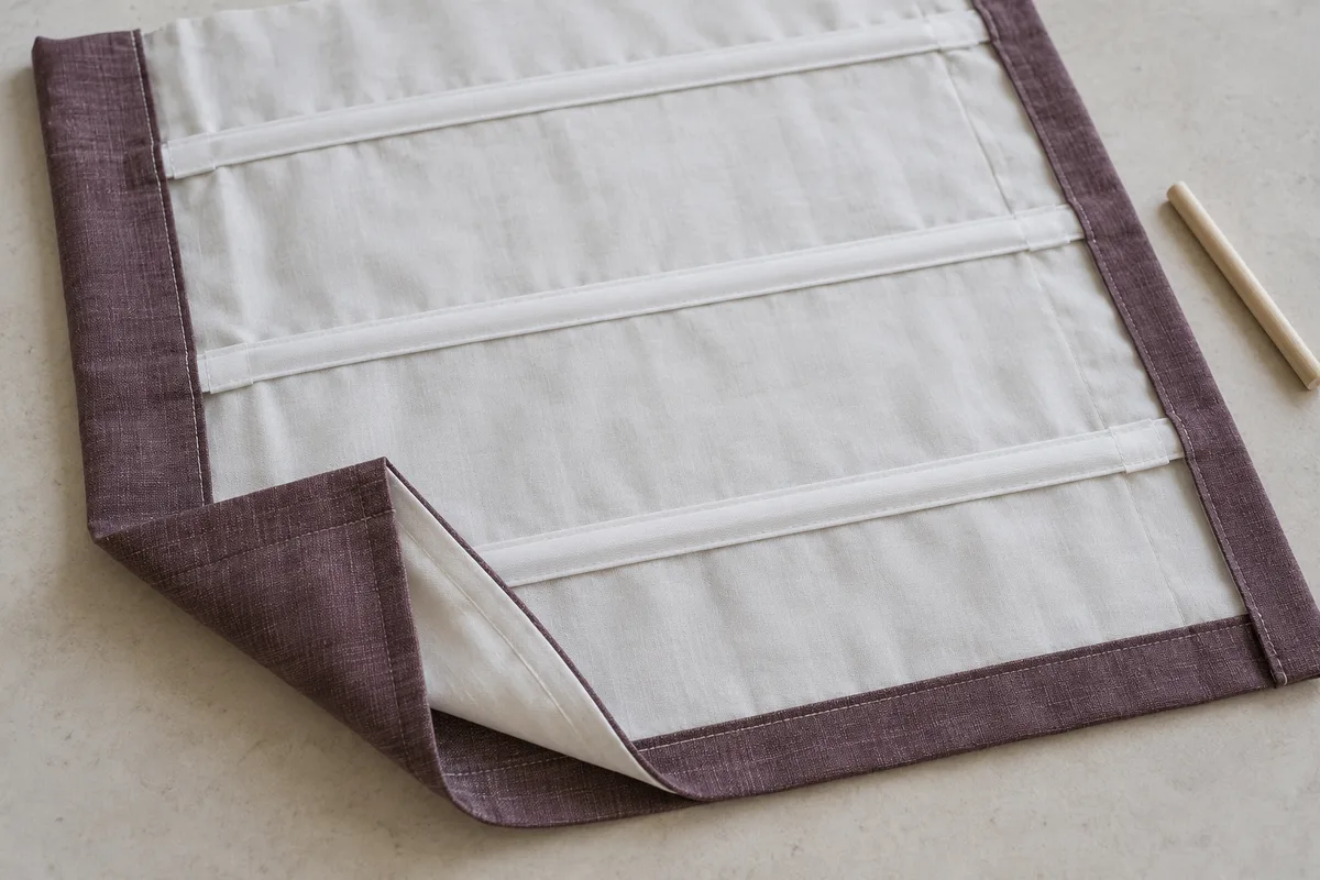 Back of an unfinished plum linen Roman shade showing white lining, applied horizontal pocket tapes and side turnings