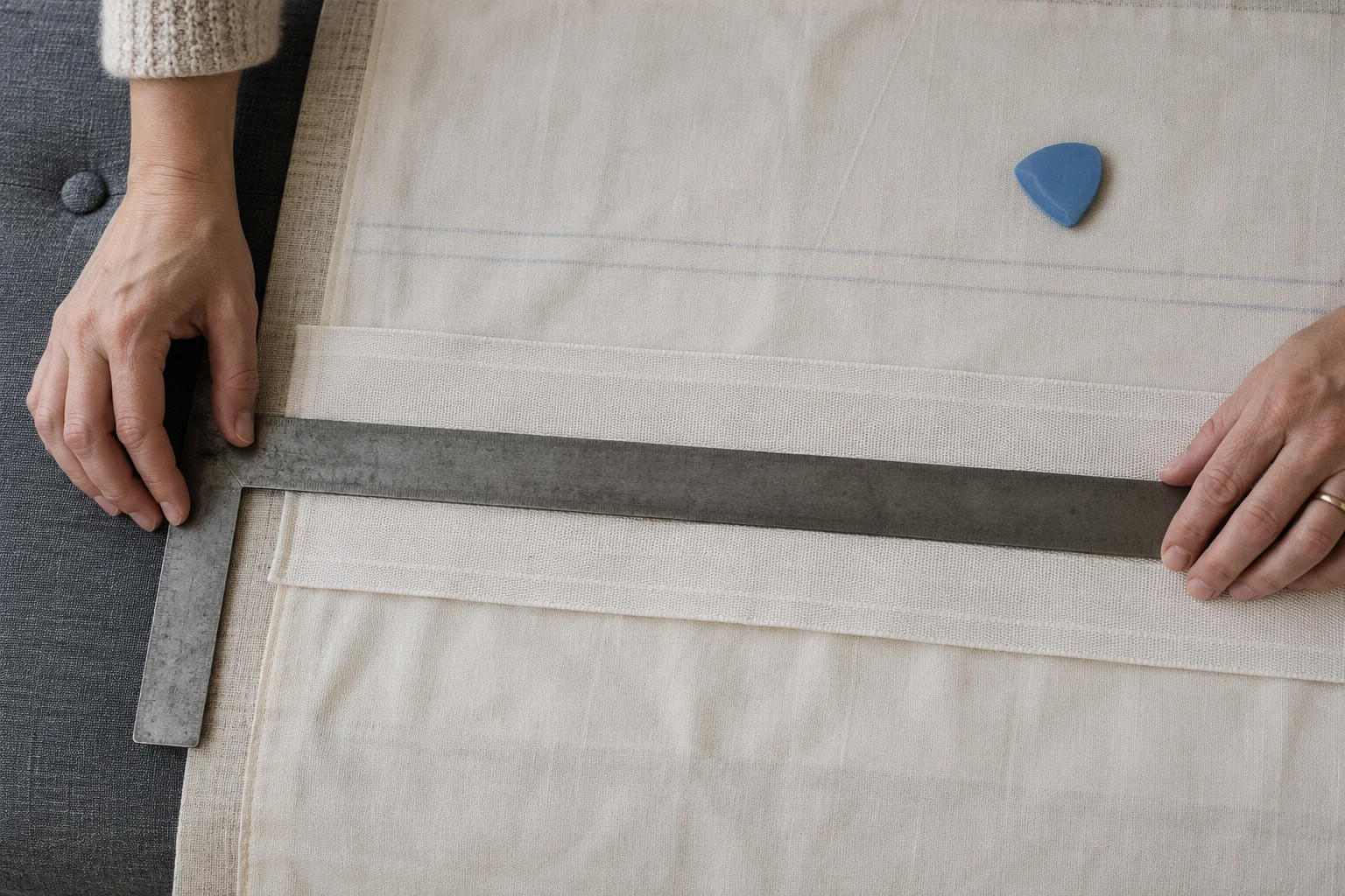 Hands checking a horizontal pocket reference with a metal square on cream shade lining