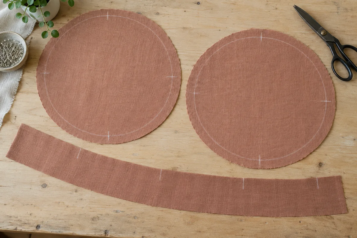 Terracotta circular fabric panels and a boxing strip marked for quarter-point alignment