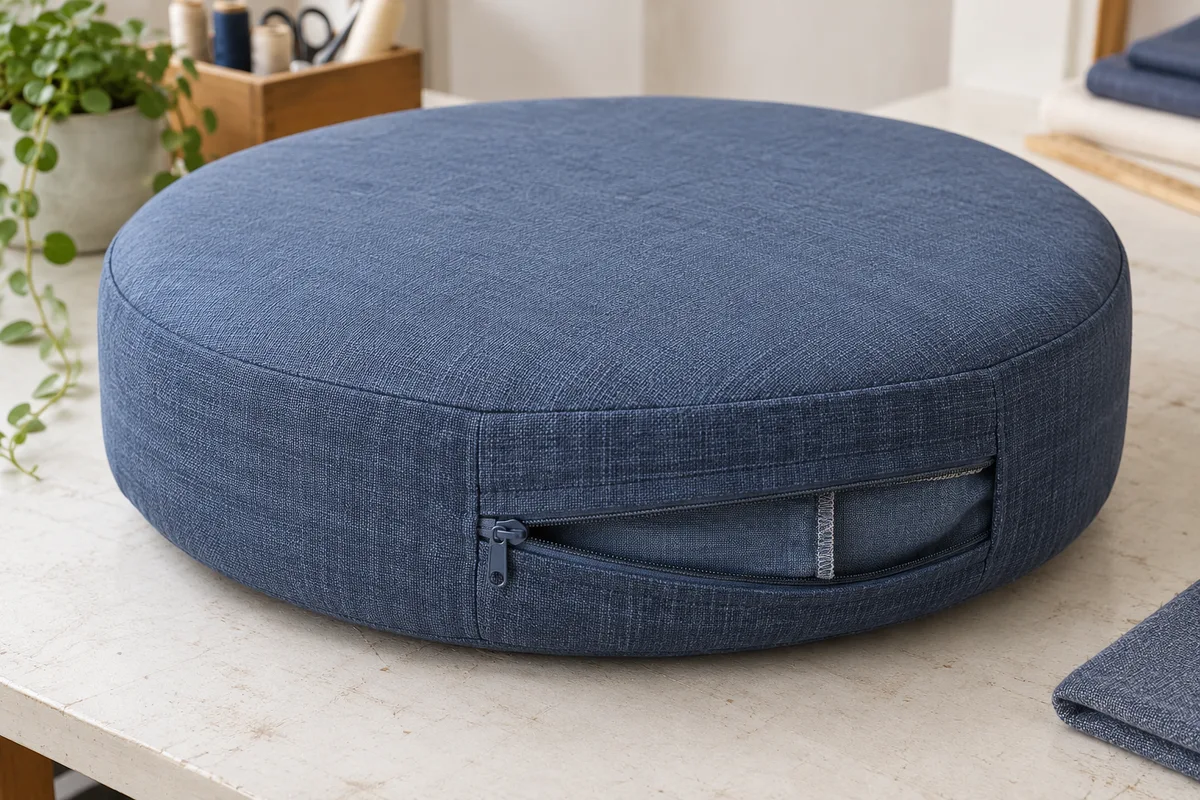 A blue round boxed cushion showing a partly opened zipper in its curved side band