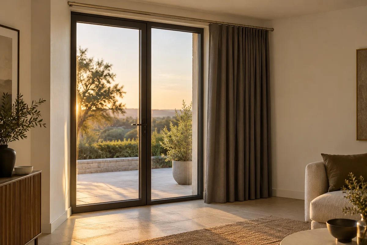 Charcoal curtain stacked to the right of a glazed door with limited wall on the left