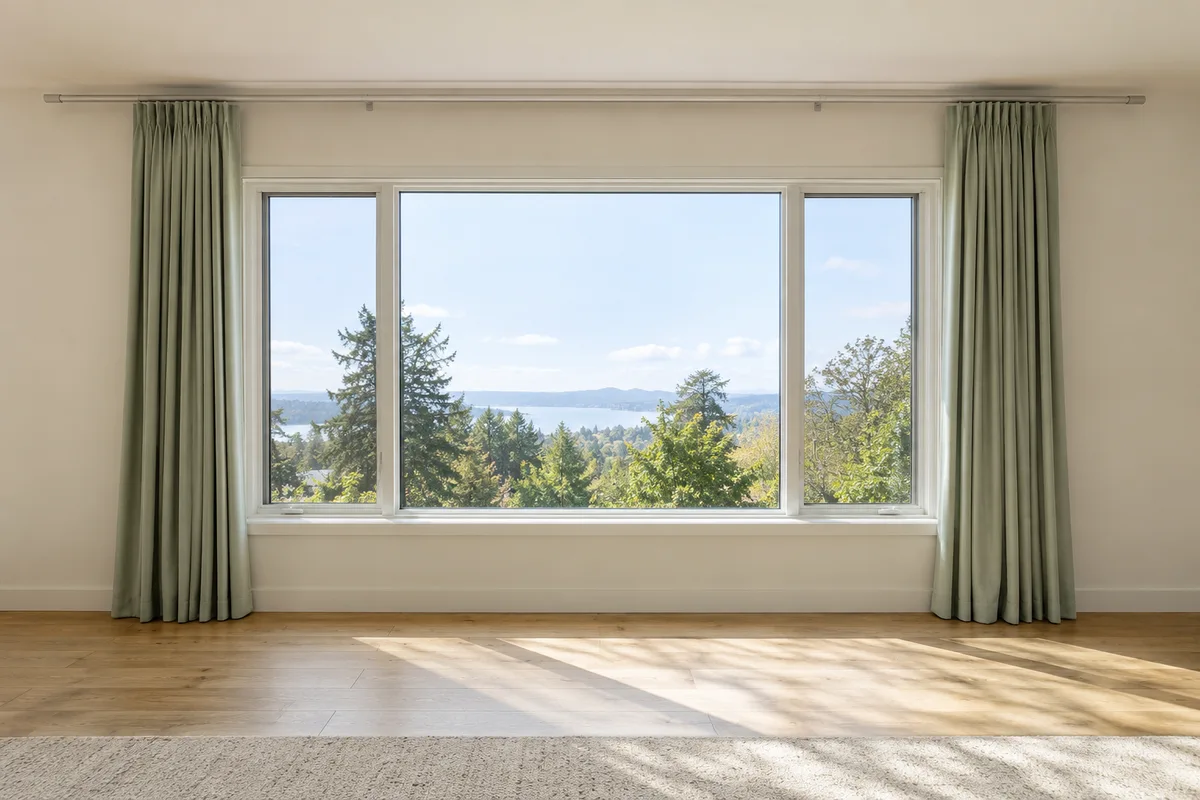 Sage curtains parked beside a broad window on a track extending beyond both frame edges