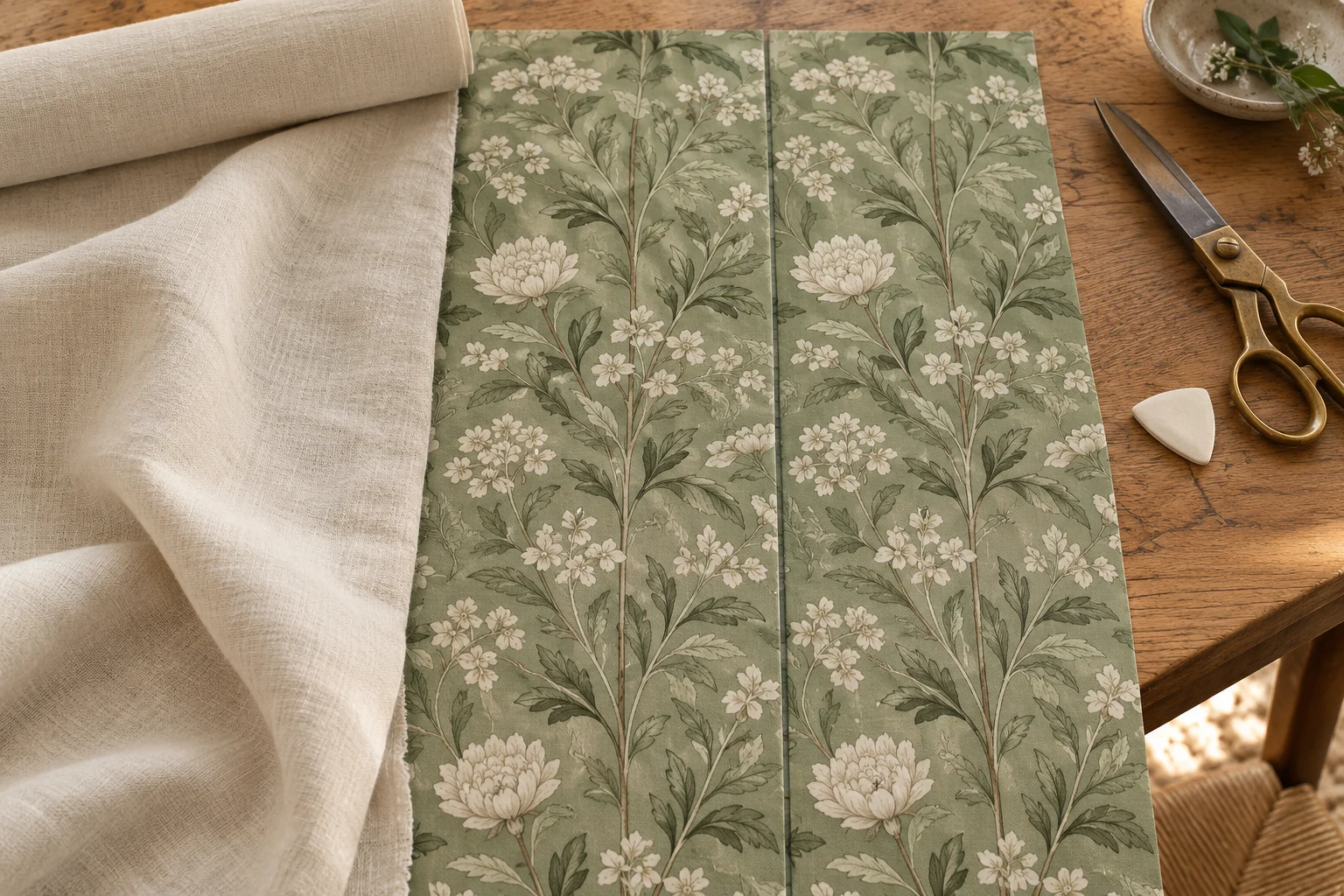 Ivory linen beside two aligned lengths of sage botanical fabric on a cutting table