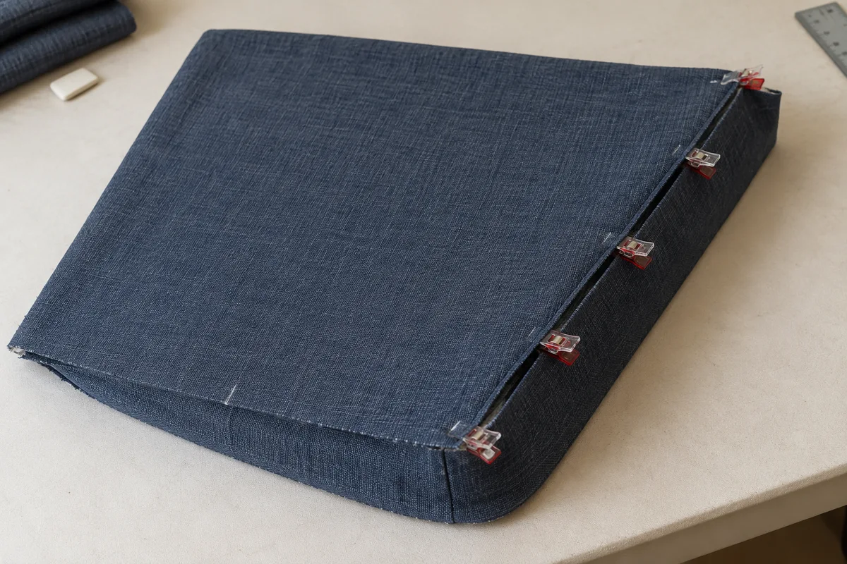 Navy trapezoid cushion face clipped to boxing along an angled side with midpoint marks