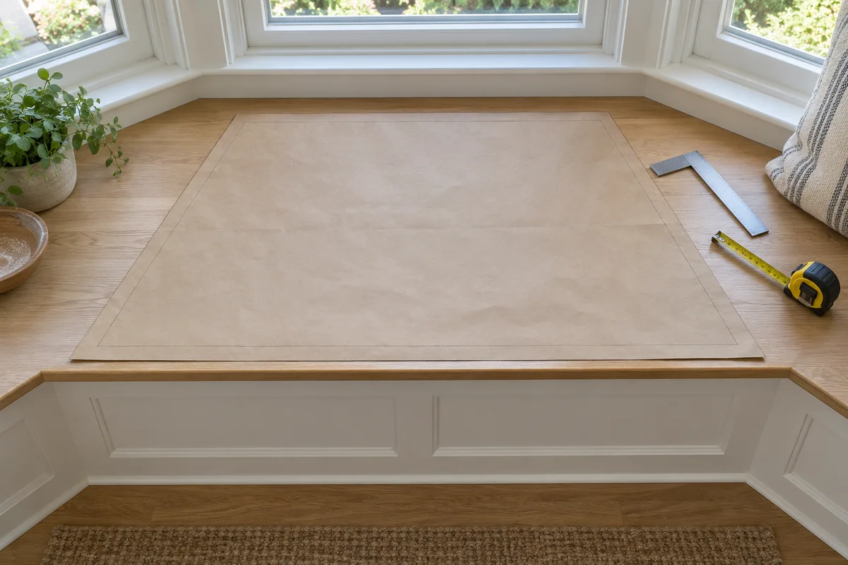 Kraft paper trapezoid pattern checked on an angled bay-window bench