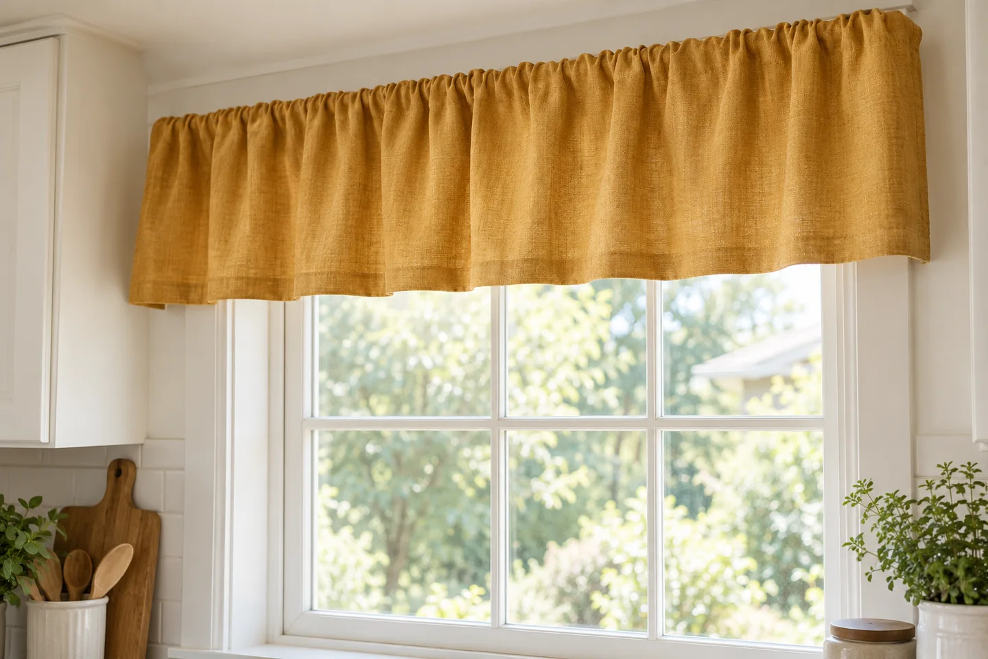 Ochre gathered soft valance across a kitchen window with short flat side returns