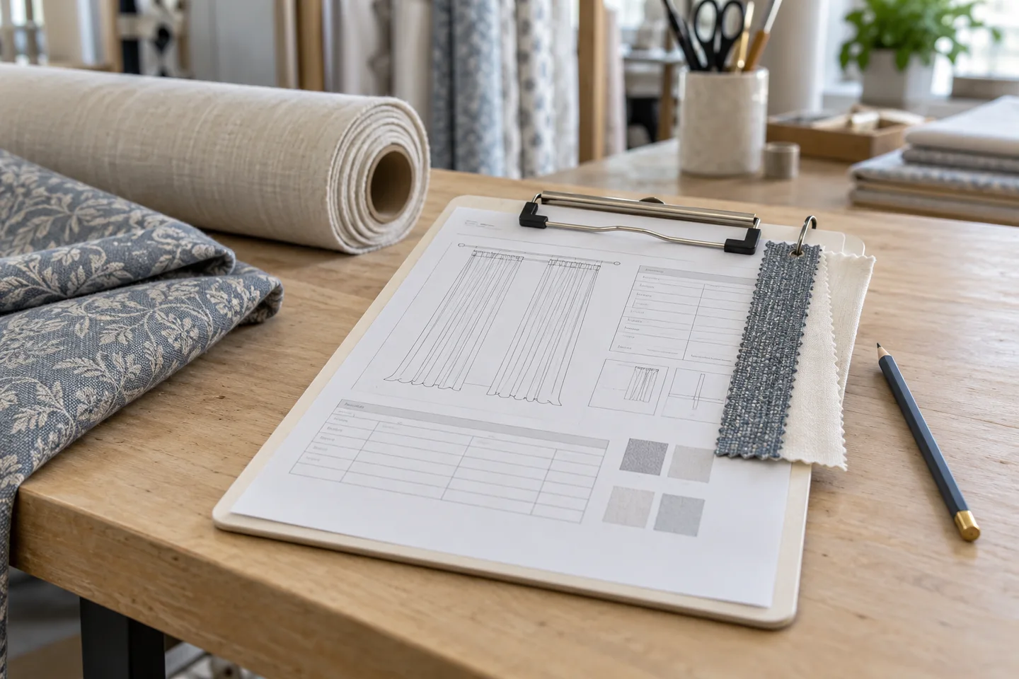 Curtain production sheet on a clipboard with blue gray face fabric and ivory lining swatches at a cutting bench