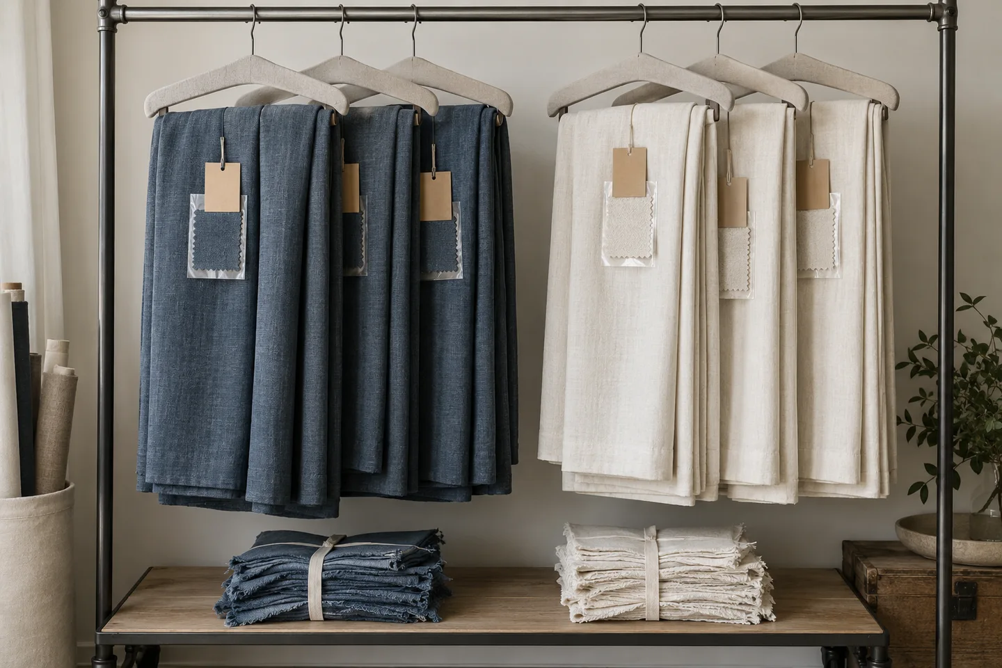 Blue and ivory curtain panels organized on a workroom rail with plain reference cards and swatch pockets