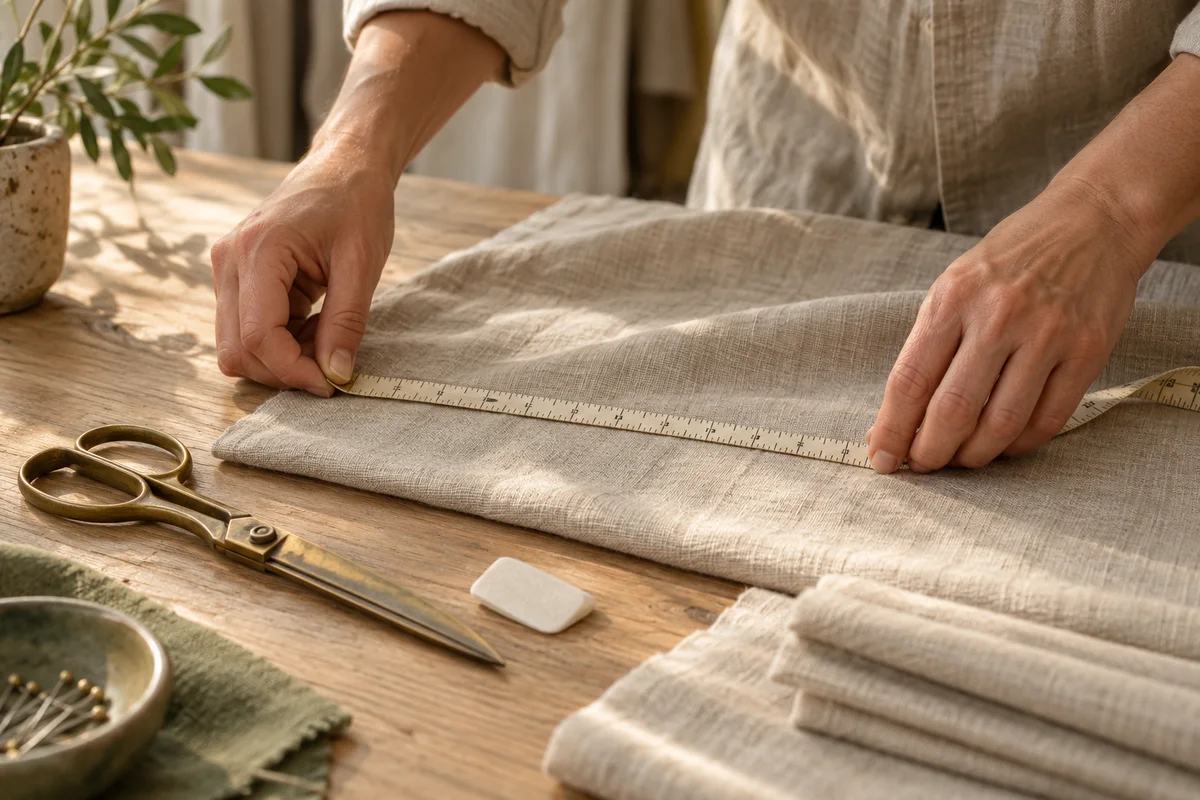 Hands checking a linen measurement on a wooden cutting table beside shears