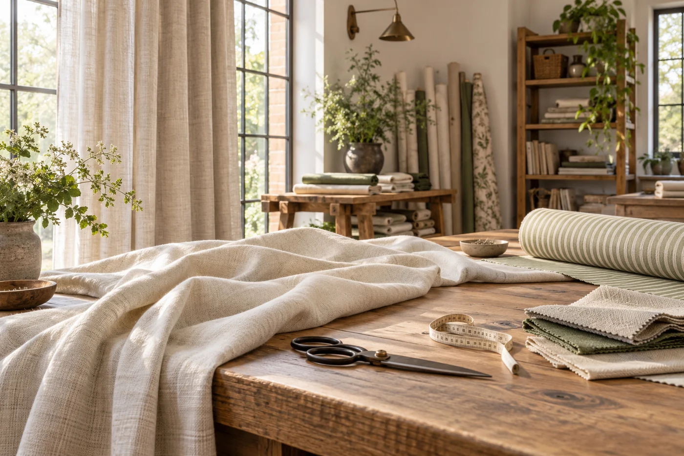 Sunlit drapery workroom with linen curtains, a cutting table and fabric swatches